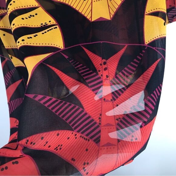 Nieves Lavi 100% Silk Black Red Yellow Tribal Tropical Semi Sheer Tunic Blouse - Picture 10 of 12